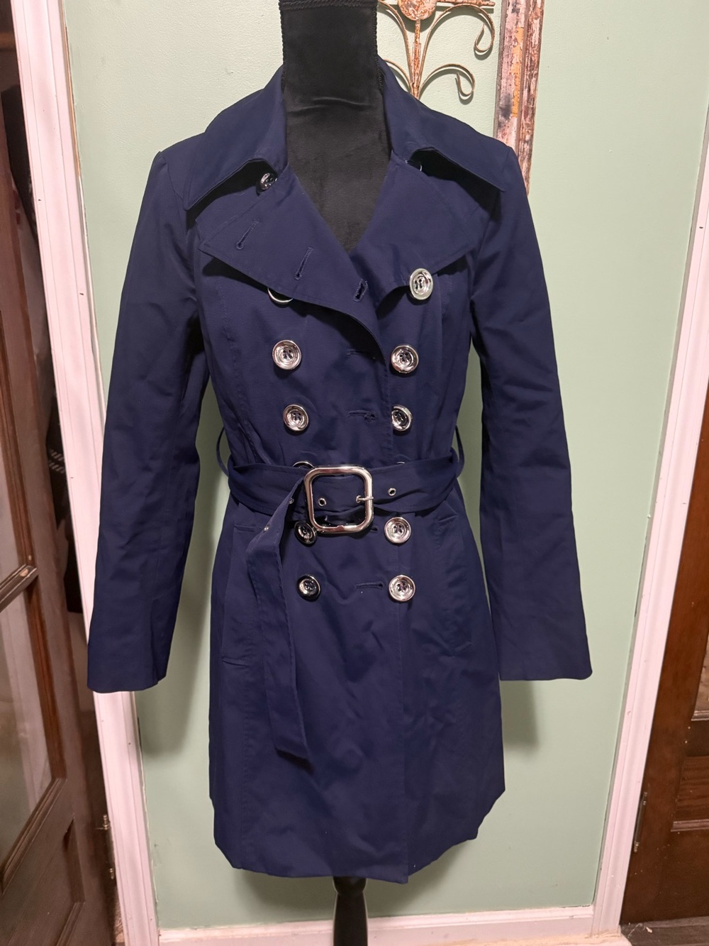 New York & Company navy blue double breasted belted trench coat medium